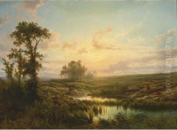 A Summer Landscape At Sunset Oil Painting by Cornelis Lieste