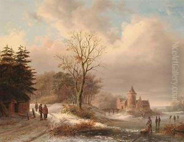 Figures In A Winter Landscape, A Castle Beyond Oil Painting by Cornelis Lieste