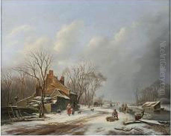 Winter Landscape With Frozen River And Figures Oil Painting by Cornelis Lieste