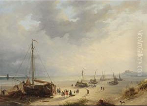 Fisherfolk Unloading The Catch On The Beach by Cornelis Lieste