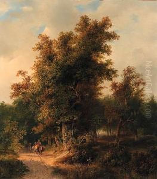 A Wooded Landscape With Travellers On A Sandy Track Oil Painting by Cornelis Lieste