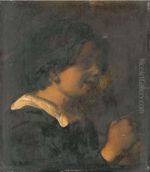 A Young Boy, Bust-length, Playing A Rommelpot Oil Painting by Jan Lievens