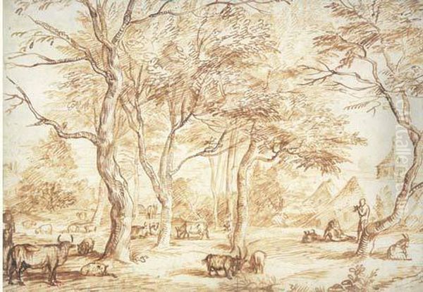 Paysage Avec Patres Et Troupeaux D'ovins Et Bovins Paissant Sous Les Arbres Oil Painting by Jan Lievens