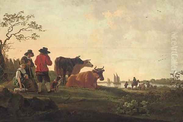 A river landscape with a drover, his cattle and other figures Oil Painting by Aelbert Cuyp