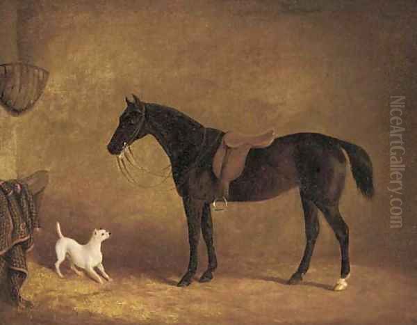 A black hunter and a dog in a stable Oil Painting by Albert Clark