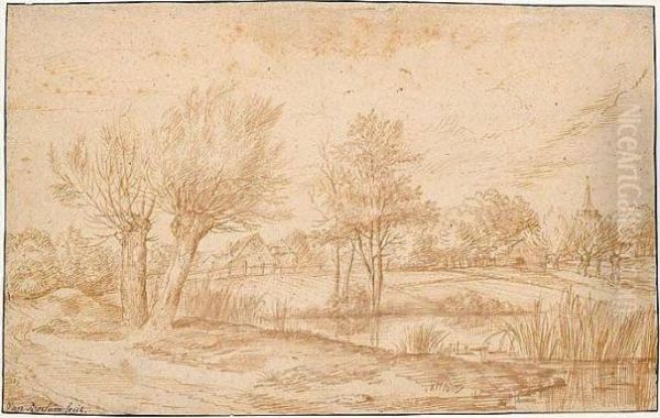 Landscape: A Village Seen Across A Pond. Oil Painting by Jan Lievens