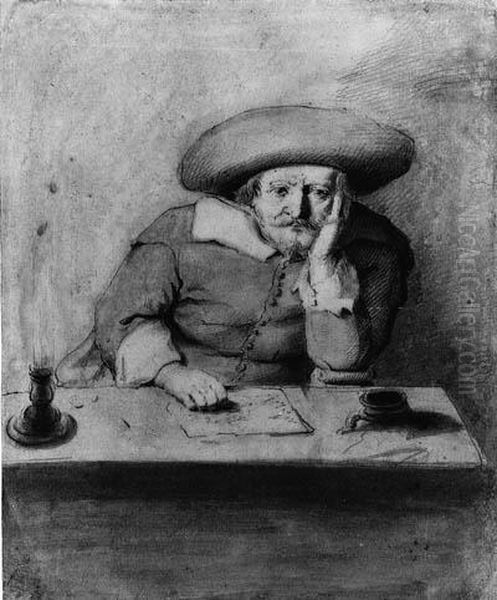 A Pondering Man In A Hat At A Candle-lit Table Oil Painting by Jan Lievens