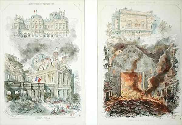 The Palais Royal and the Theatre de la Porte Saint Martin before and after the fire of 1871 Oil Painting by Coindre, Victor