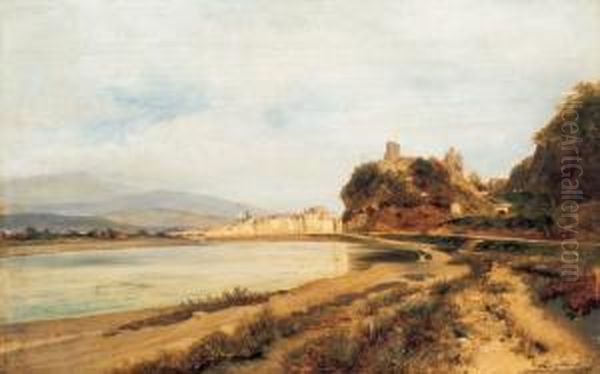 Riverside Landscape With Castle Ruins Oil Painting by Antal Ligeti