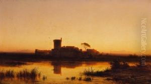 Castle Of The Lake-shore Oil Painting by Antal Ligeti