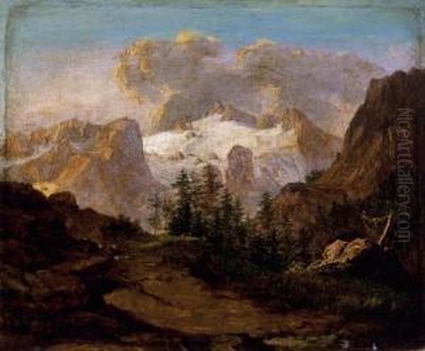 Landscape In The Alps Oil Painting by Antal Ligeti