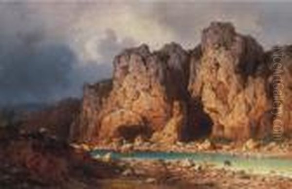 Landscape Of A Riverside With A Fortress Oil Painting by Antal Ligeti