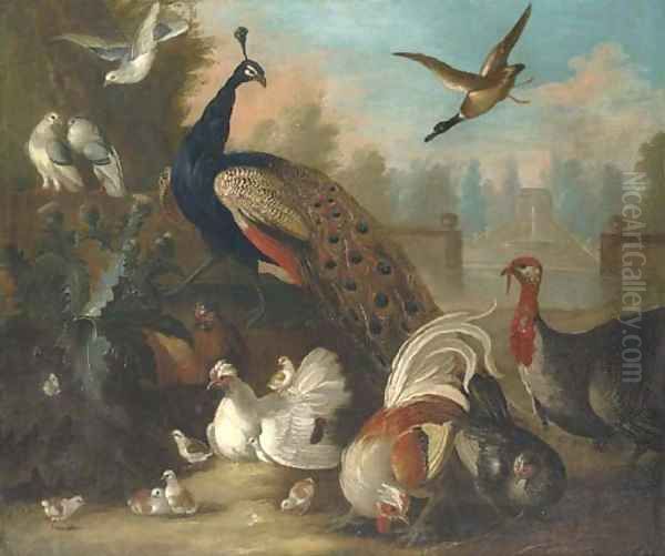 A peacock and other birds in an ornamental landscape Oil Painting by Marmaduke Craddock