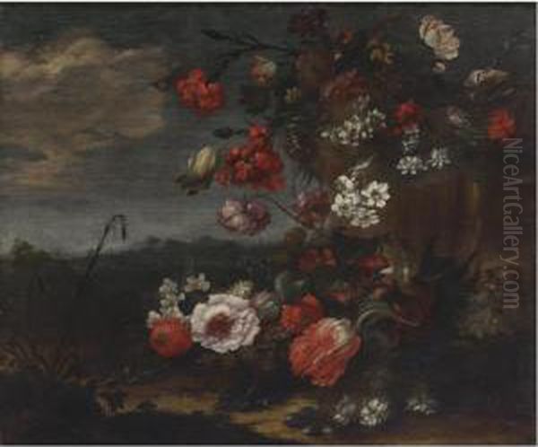 Still Life Of Roses, Tulips, Narcissus And Other Flowers In A Landscape Oil Painting by Bartolomeo Ligozzi