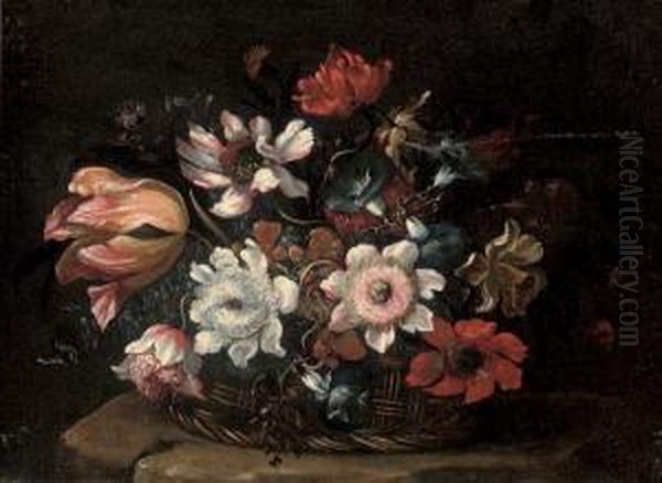 A Tulip, Morning Glory, Roses And Other Flowers In A Wicker Basket On A Stone Ledge Oil Painting by Bartolomeo Ligozzi