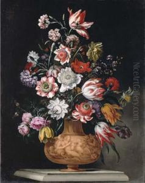 Tulips, Roses And Carnations And A Narcissus Oil Painting by Bartolomeo Ligozzi