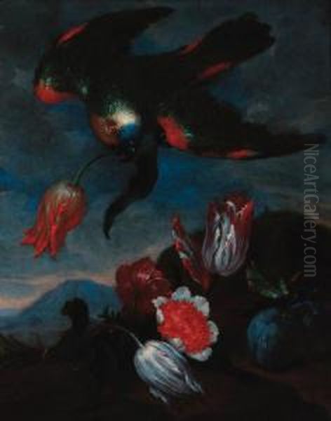 A Carnation, Tulips And Plums With A Parakeet Holding A Tulip In Alandscape Oil Painting by Bartolomeo Ligozzi