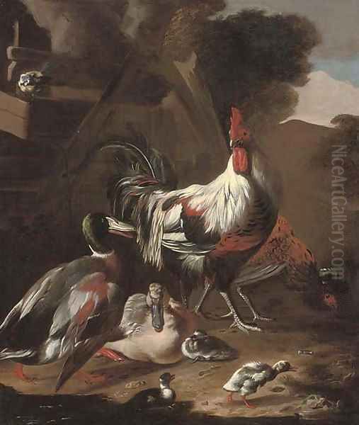 A cockerel, hen, ducks, chicks and blue tit in a farmyard Oil Painting by Marmaduke Craddock