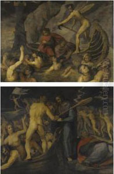 Scenes From Dante's Inferno: Oil Painting by Giacomo (or Jacopo) Tarchiani