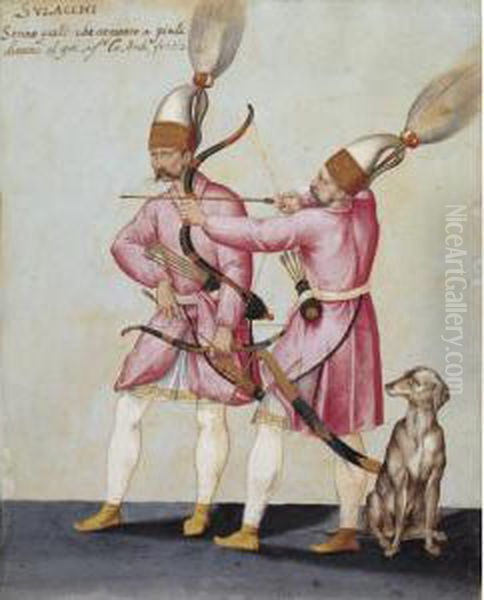 Two Solak Archers With A Dog Oil Painting by Giacomo (or Jacopo) Tarchiani