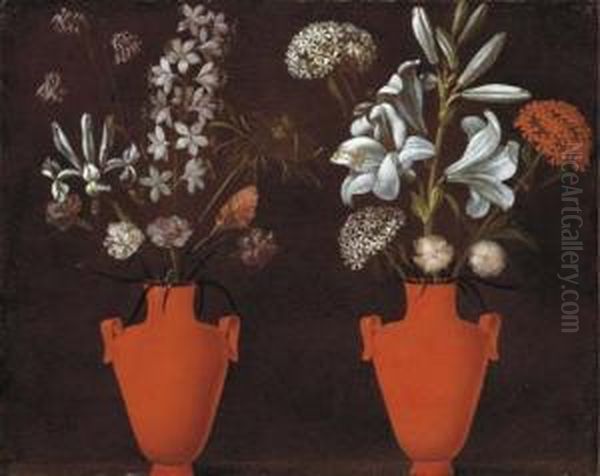 Two Red Vases With Lilies, Carnations, An Iris, Verbena And Other Flowers Oil Painting by Giacomo (or Jacopo) Tarchiani