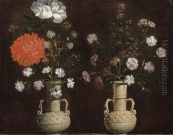 Two Grey Terracotta Vases With Flowers Oil Painting by Giacomo (or Jacopo) Tarchiani