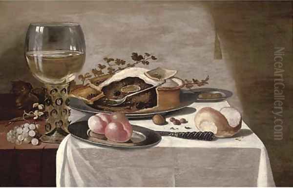 A pie on a pewter plate, a giant roemer, peaches on a pewter plate Oil Painting by Pieter Claesz