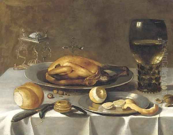 A roemer of wine, a turkey and a partly-peeled lemon on pewter dishes, bread and hazelnuts on a draped table Oil Painting by Pieter Claesz