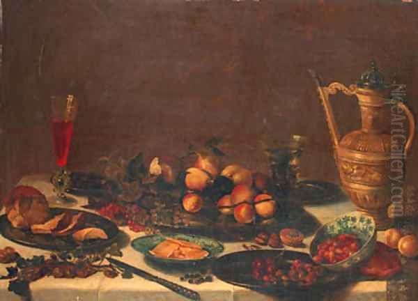 Pears, apples, apricots, prunes, cranberries, blueberries, cherries and strawberries on pewter plates, butter on a wan-li dish Oil Painting by Pieter Claesz