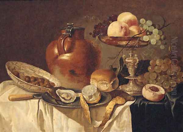 An oyster and a peeled lemon on a pewter plate Oil Painting by Pieter Claesz