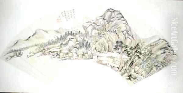 Fan depicting a landscape Oil Painting by Ping-wen Ch'in