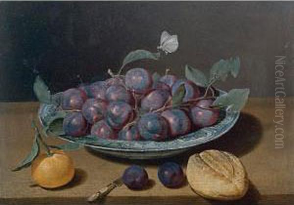 Still Life Of A Plate Of Plums And A Loaf Of Bread Oil Painting by Jacques Linard