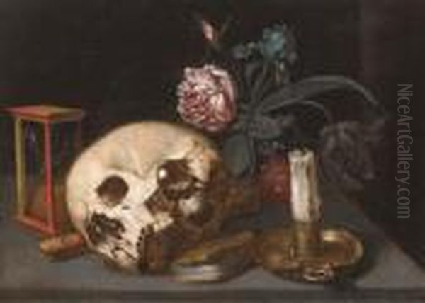 A Vanitas Still Life With A 
Skull, An Hourglass, A Recorder, Acandle And Candlestick And Mixed 
Flowers On A Table Oil Painting by Jacques Linard