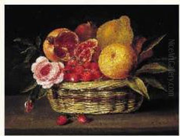 Nature Morte Aux Fraises, Citrons, Roses Et Grenades Dans Une
 Corbeille D'osier Sur Un Entablement Oil Painting by Jacques Linard