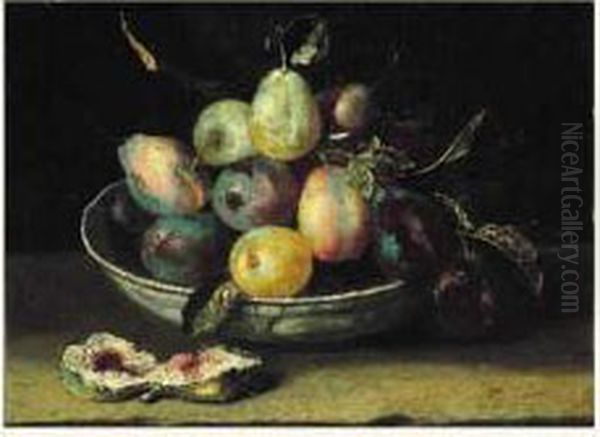 Prunes, Poires Et Figues
 Huile Sur Panneau Signee En Bas A Droite Oil Painting by Jacques Linard