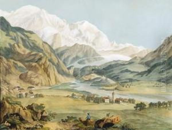 Vue De Servoz, De L'aiguille Du Goute Et Du Glacier De Bionnassey Oil Painting by Jean Antoine Linck