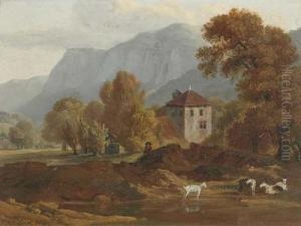 Vue Pres La Roche Et Du Brezon En Savoy. 1796 Oil Painting by Jean Antoine Linck