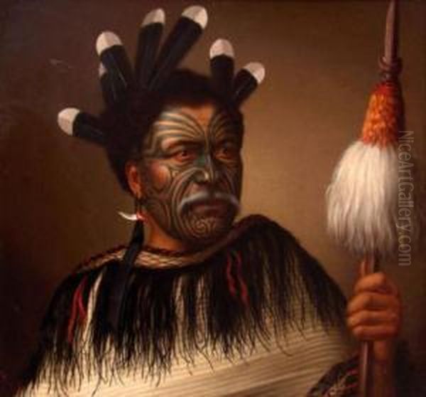 Portrait Of A Highborn Chief Holding Atewhatewha Oil Painting by Gottfried Lindauer