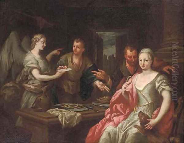 An Angel appearing as a messenger to a family in an interior Oil Painting by Giacomo Ceruti (Il Pitocchetto)