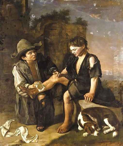 Two young boys with a dog Oil Painting by Giacomo Ceruti (Il Pitocchetto)