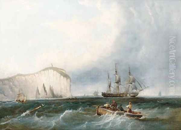 A frigate weaving through small craft off a lofty headland Oil Painting by James Wilson Carmichael