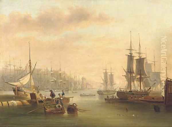 Hustle and bustle and a forest of masts in a port Oil Painting by John Wilson Carmichael