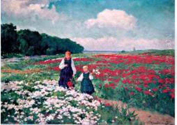 Deux Filles Dans Les Champs Fleuris Oil Painting by Emil Lindemann