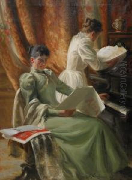 Interior Med Musicerande Kvinnor Vid Pianot Oil Painting by Emil Lindgren