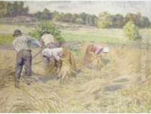 Harvesters In A Landscape Oil Painting by Emil Lindgren