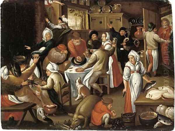 Peasants feasting and making music in an inn Oil Painting by Marten Van Cleve