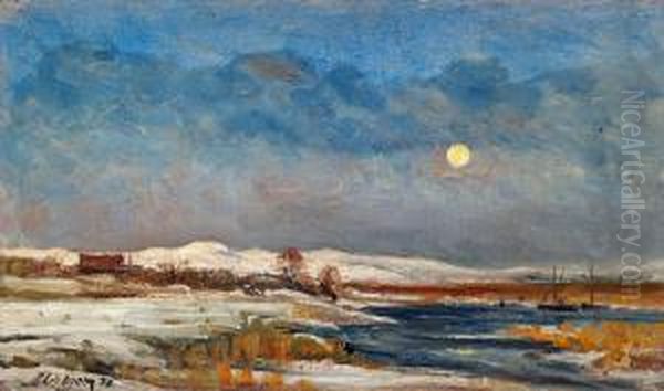 Moonlit Winter Landscape Oil Painting by Berndt Adolf Lindholm