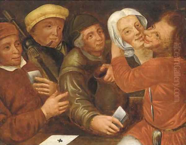 Peasants playing cards and cavorting Oil Painting by Marten Van Cleve