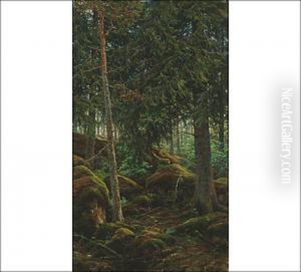 Forest Interior Oil Painting by Berndt Adolf Lindholm