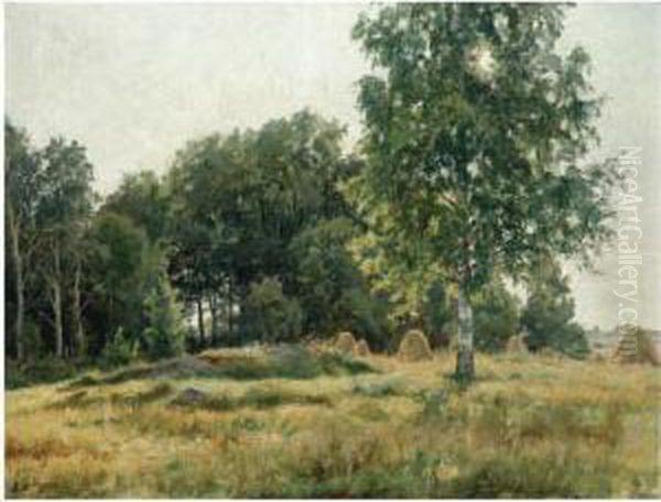 Heinasuovat Niitylla (haystacks In A Field) Oil Painting by Berndt Adolf Lindholm